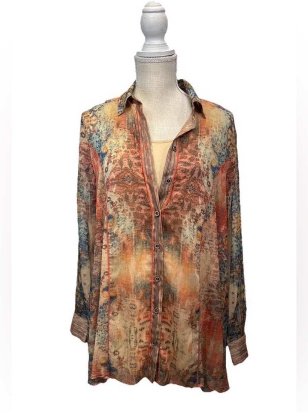 Soft Surroundings Golden Tapestry Safra shirt Button Multi Sheer Tunic &  Tank M